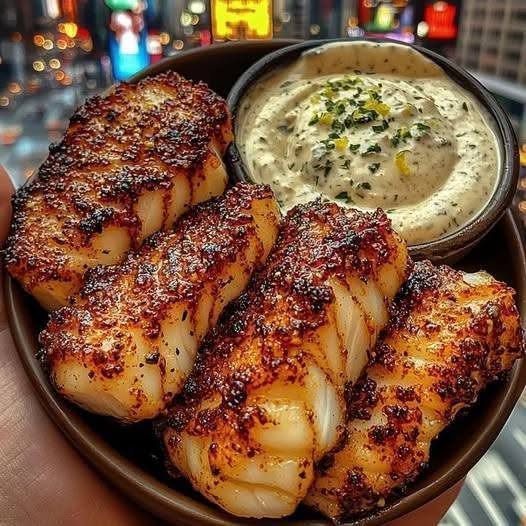 Air Fryer Garlic-Paprika Cod with Creamy Herb Sauce