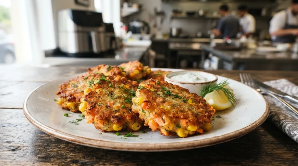 Air Fryer Cooked Salmon Sweetcorn Fritters with a Firm Binder