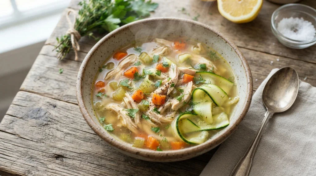 Satisfying Keto Chicken Noodle Soup with Courgette Ribbons
