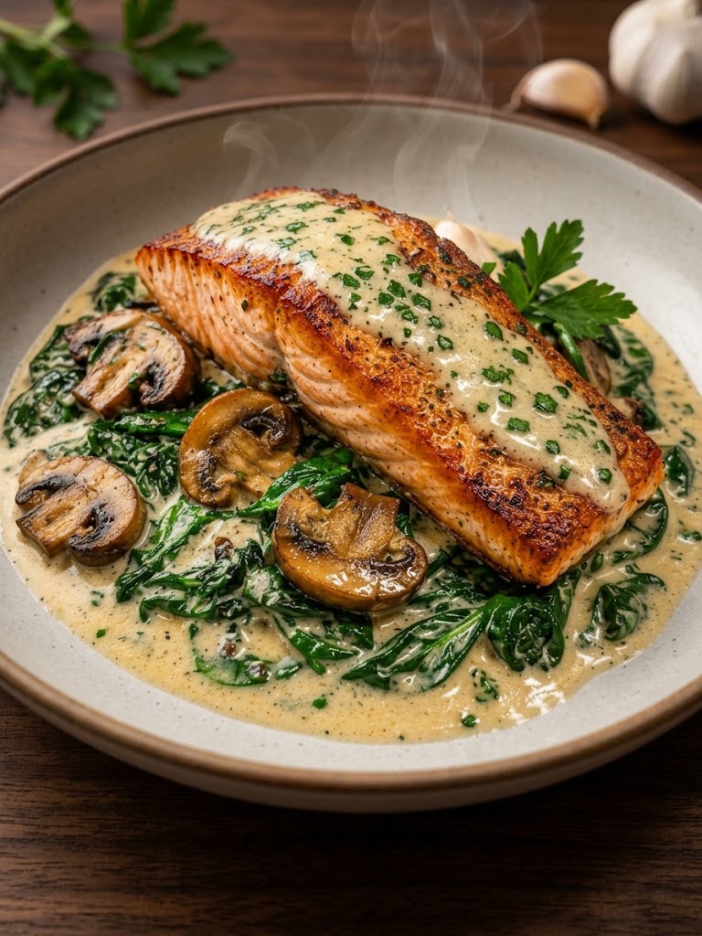Garlic Butter Salmon with Spinach & Mushrooms in Creamy Sauce 🐟🧄🍄