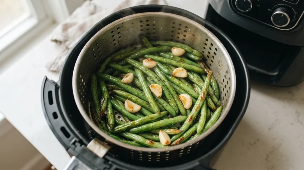 Air Fryer Garlic Green Beans with Fresh Garlic Added Late