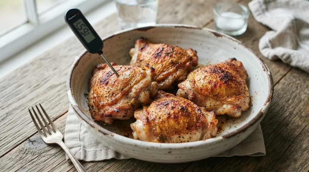 Air Fryer Bone-In Chicken Thighs with Dry Skin and Thermometer Finish