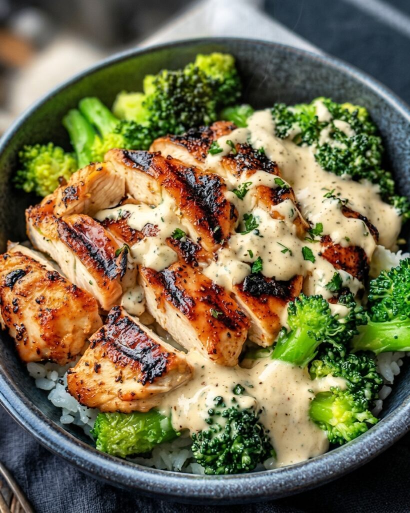 Grilled Chicken & Broccoli Bowls with Creamy Garlic Sauce