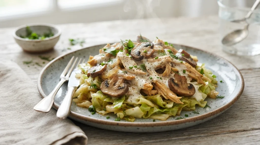 Keto Chicken Stroganoff over Buttered Cabbage