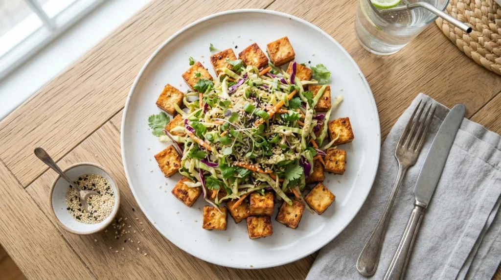 Keto Crispy Tofu with Sesame Cabbage Slaw