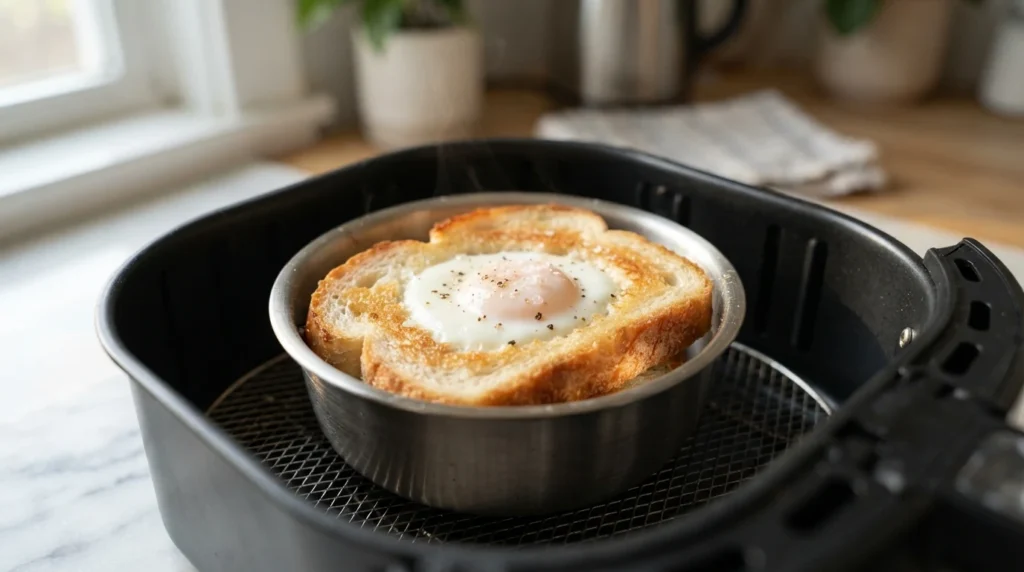 Air Fryer Breakfast Egg Toast with a Fully Set Center