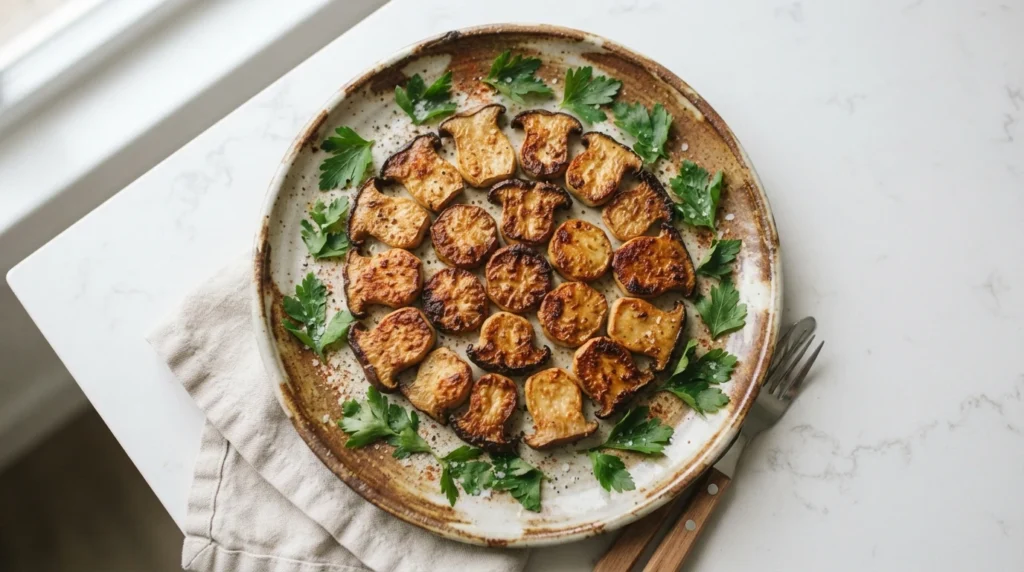 Crispy Air Fryer King Oyster Mushroom Rounds with Garlic and Parsley