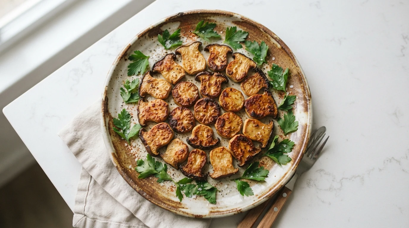 Crispy Air Fryer King Oyster Mushroom Rounds with Garlic and Parsley