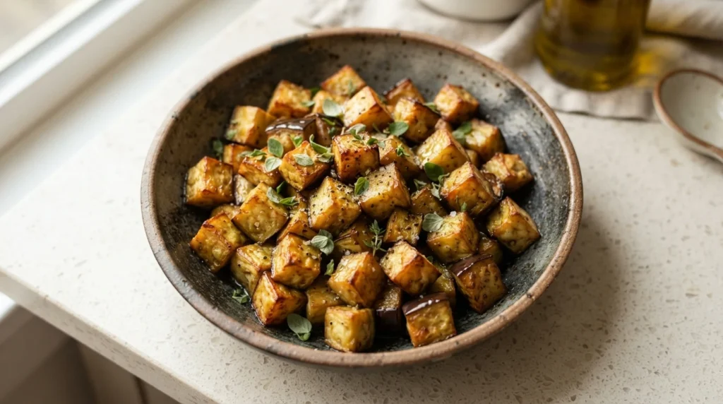 Crispy Air Fryer Eggplant Cubes with a Measured Oil Coating