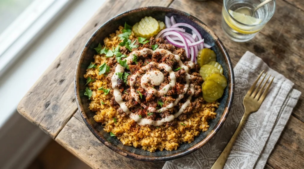 Keto Beef Shawarma Bowl with Tahini Cauliflower Rice