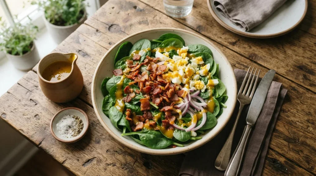 Keto Spinach Salad with Bacon and Warm Mustard Dressing
