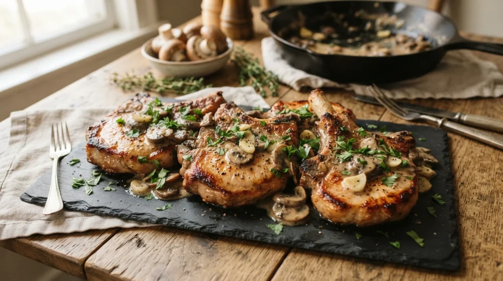 Keto Pork Chops with Garlic Cream and Mushrooms