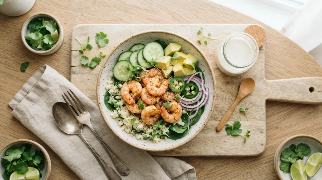 Keto Shrimp Poke Bowl with Cucumber and Avocado