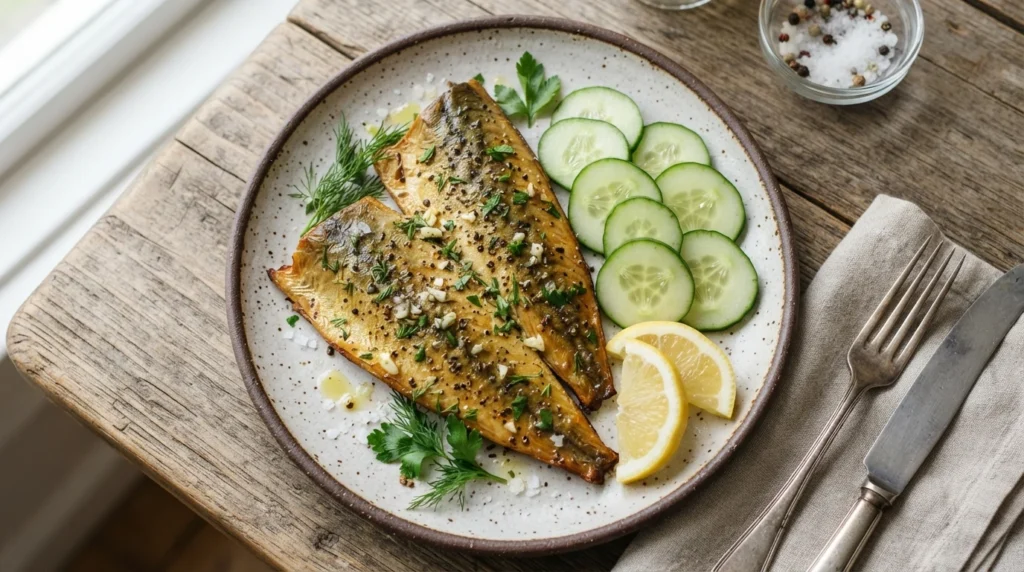 Keto Smoked Mackerel Breakfast Plate with Cucumber and Lemon