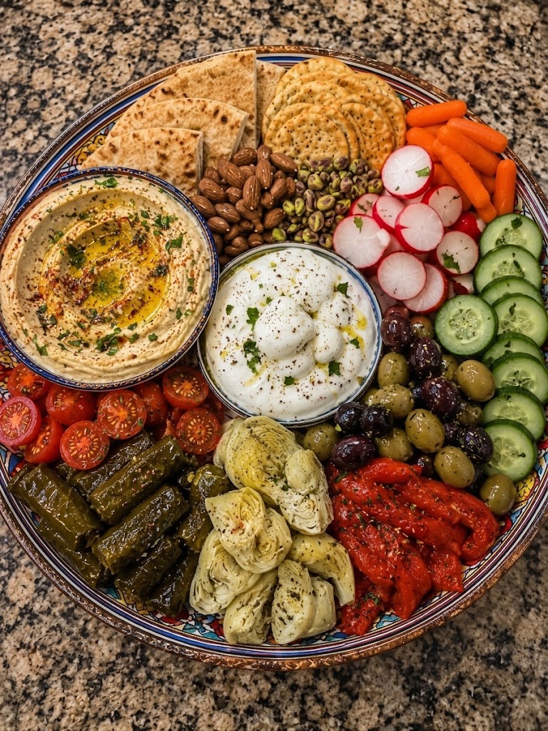 Mediterranean Mezze Platter with Hummus, Olives & Burrata π«π§