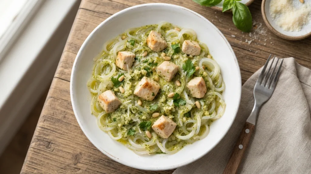 Keto Palmini Noodles with Creamy Chicken Pesto