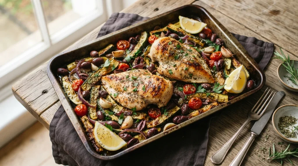 Keto Greek Chicken Tray Bake with Olives and Courgette