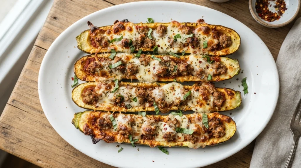 Keto Courgette Pizza Boats with Sausage