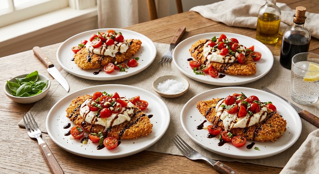 Italian Basil Chicken Cutlets with Tomato and Burrata Topping
