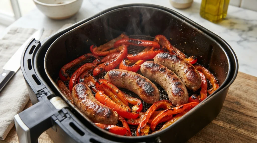 Air Fryer Italian Sausages with Peppers Cooked in Stages