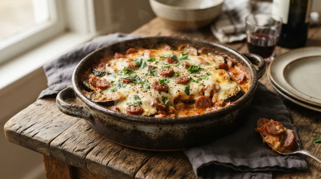 Keto Sausage Aubergine Casserole with Mozzarella