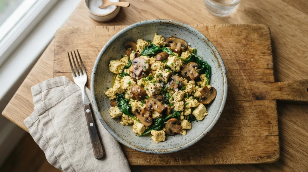 Keto Savory Tofu Scramble with Mushrooms and Spinach