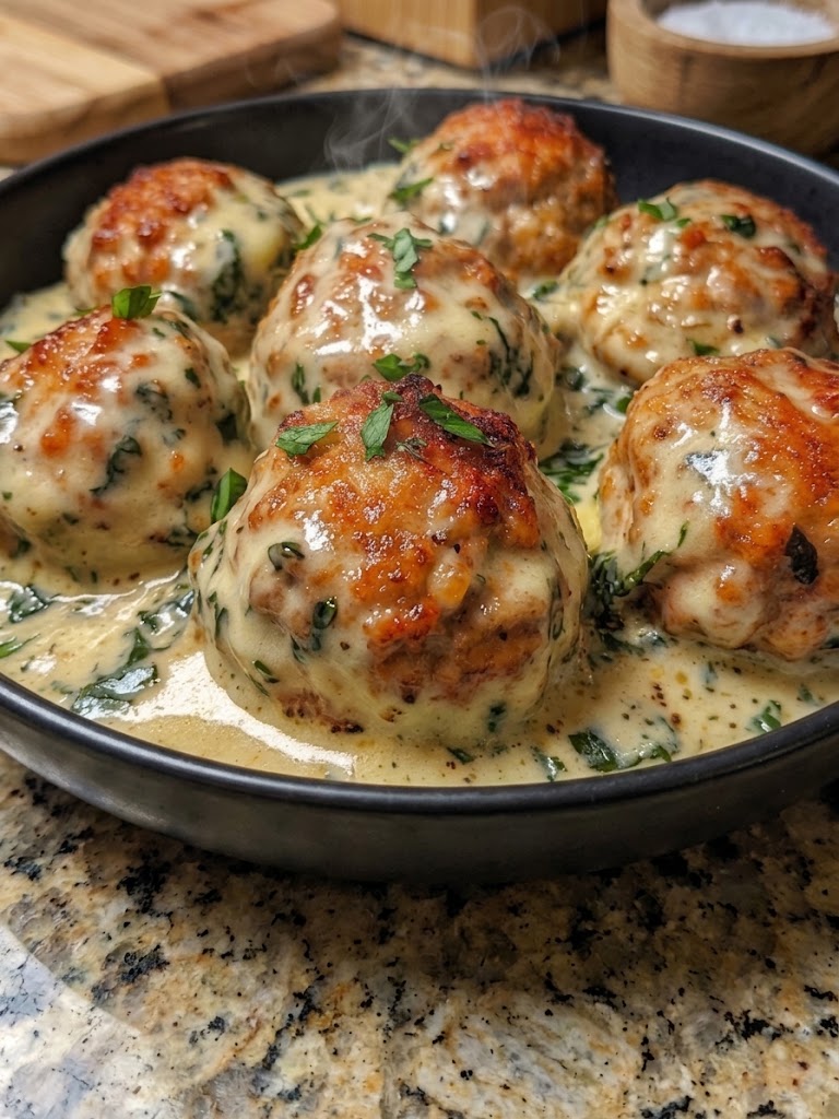 Mediterranean Baked Chicken Ricotta Meatballs with Spinach Alfredo 🍗🧀🌿