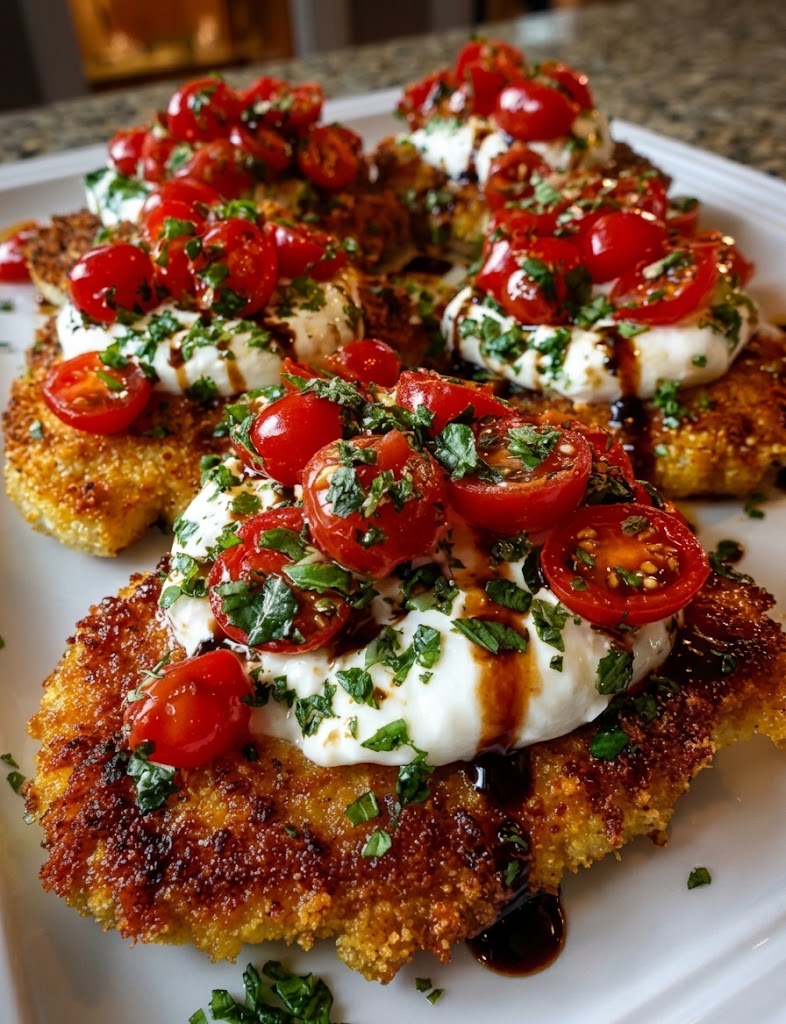 🍅🧀 Crispy Caprese Chicken Cutlets with Burrata & Balsamic Glaze