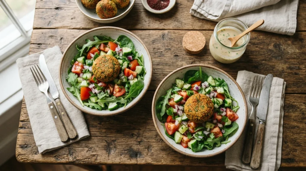 Air Fryer Falafel Bowls with Couscous and Fresh Salad