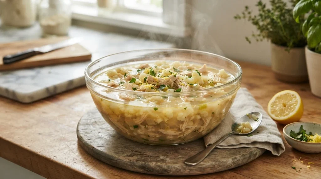 Keto Chicken Cauliflower Rice Soup with Lemon